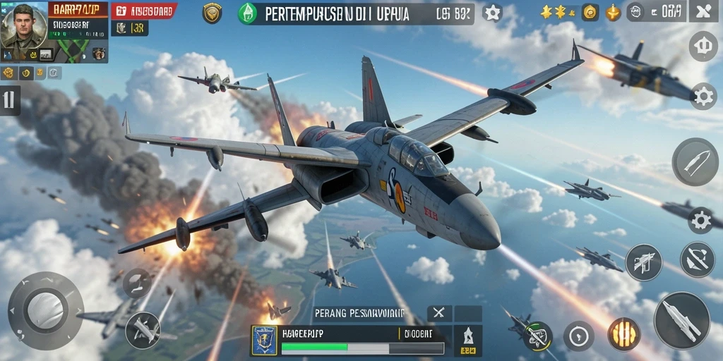 Screenshot dari game Perang Pesawat menampilkan aksi luar biasa di langit.