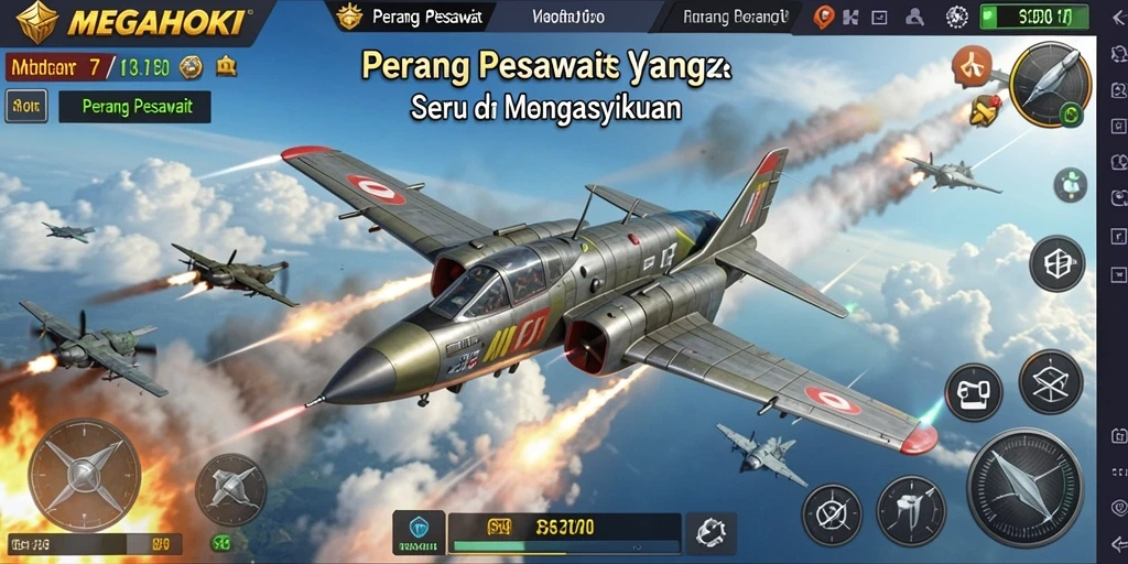 Antarmuka permainan MEGAHOKI menampilkan pesawat tempur dalam aksi mendebarkan.